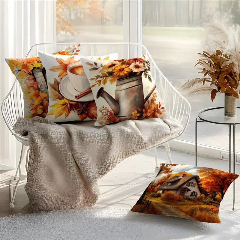 Three decorative throw pillows with autumn-themed printed designs are arranged on a white wire chair in a bright room. The pillows feature fall leaves, a teapot, a coffee cup, and a rustic house scene.