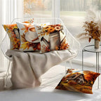 Three decorative throw pillows with autumn-themed printed designs are arranged on a white wire chair in a bright room. The pillows feature fall leaves, a teapot, a coffee cup, and a rustic house scene.