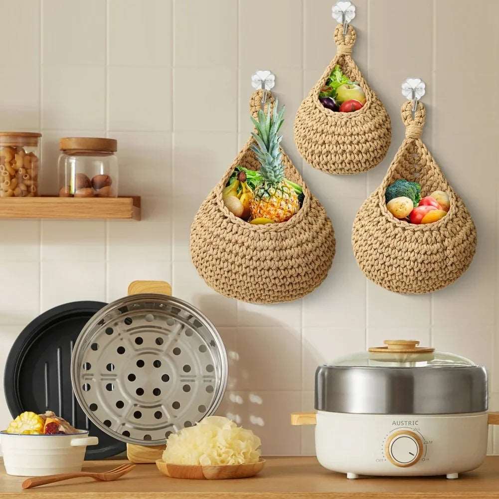 EMESA HOME-Handwoven Hanging Basket - Wall Vegetable Fruit Organizer, Kitchen Garden Decor, Plant Flower Onion Container