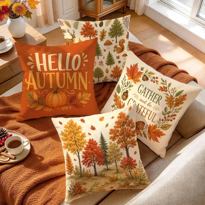 Three autumn-themed decorative throw pillows arranged on a beige sofa with a rust-colored blanket. The pillows feature fall illustrations and text: one orange pillow says “HELLO AUTUMN” with a pumpkin, one cream pillow shows an autumn forest, and one cream pillow reads “GATHER HERE AND BE GRATEFUL” with leafy branches.