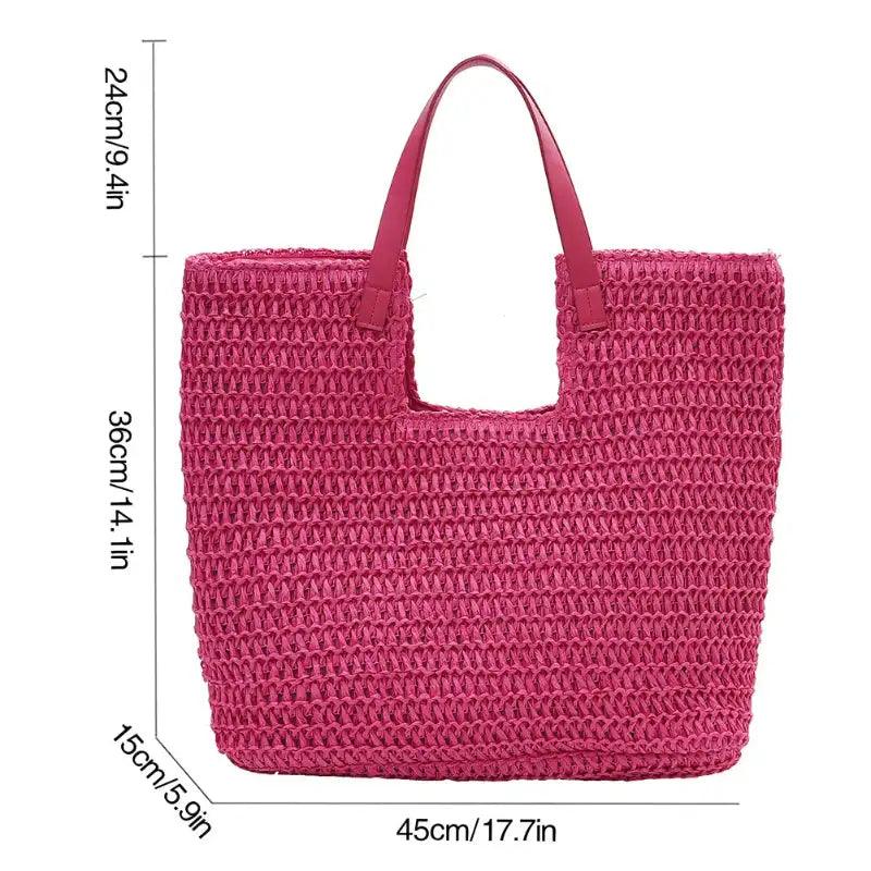 Pink woven tote bag with dimensions on a white background