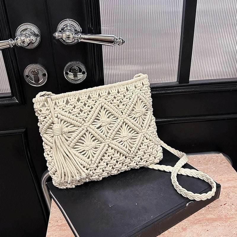 EMESA HOME Woven Hollow Out Shoulder Bag – Women’s Summer Tassel Crossbody Beach Travel Handbag & Messenger Purse - EMESA HOME™