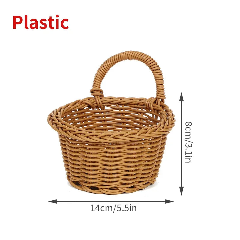 Wicker basket with handle and dimensions on a white background