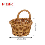 Wicker basket with handle and dimensions on a white background