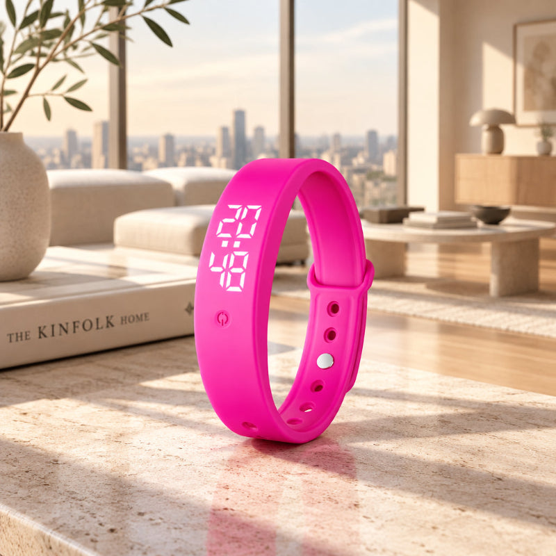 A bright pink silicone digital wristband watch with a white LED display showing the time 22:48, standing upright on a marble surface in a modern, sunlit living room.