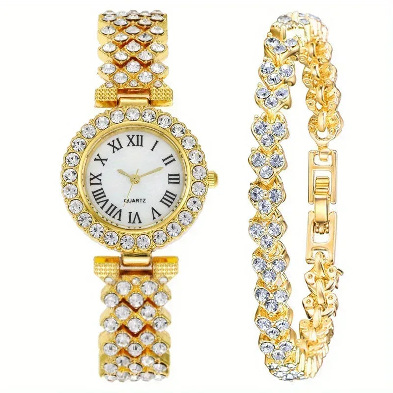 EMESA HOME 2PCS Luxury Women’s Watch Set – Rhinestone Roman Dial Quartz Watch with Stainless Steel Bracelet - EMESA HOME™