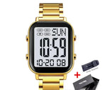 Gold digital watch with strap adjuster and battery on a white background, featuring the Skmei brand.