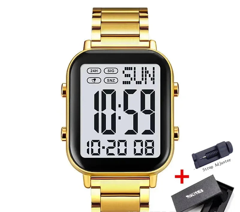 Gold digital watch with strap adjuster and battery on a white background, featuring the Skmei brand.