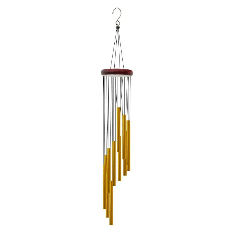 Gold wind chime with a wooden base on a white background