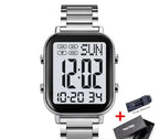 Digital watch with metal strap and strap adjuster on a white background, featuring the Skmei brand.