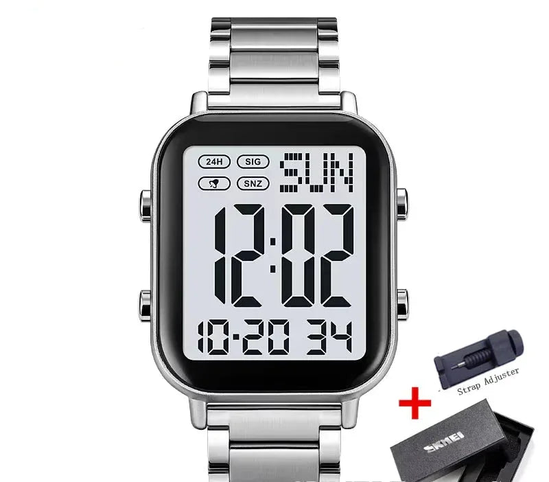 Digital watch with metal strap and strap adjuster on a white background, featuring the Skmei brand.