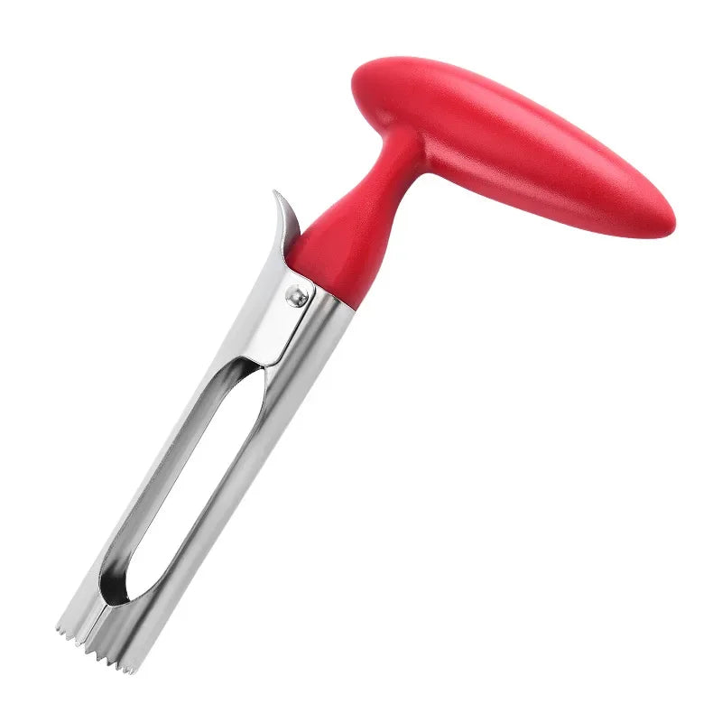 Red-handled vegetable peeler on a white background
