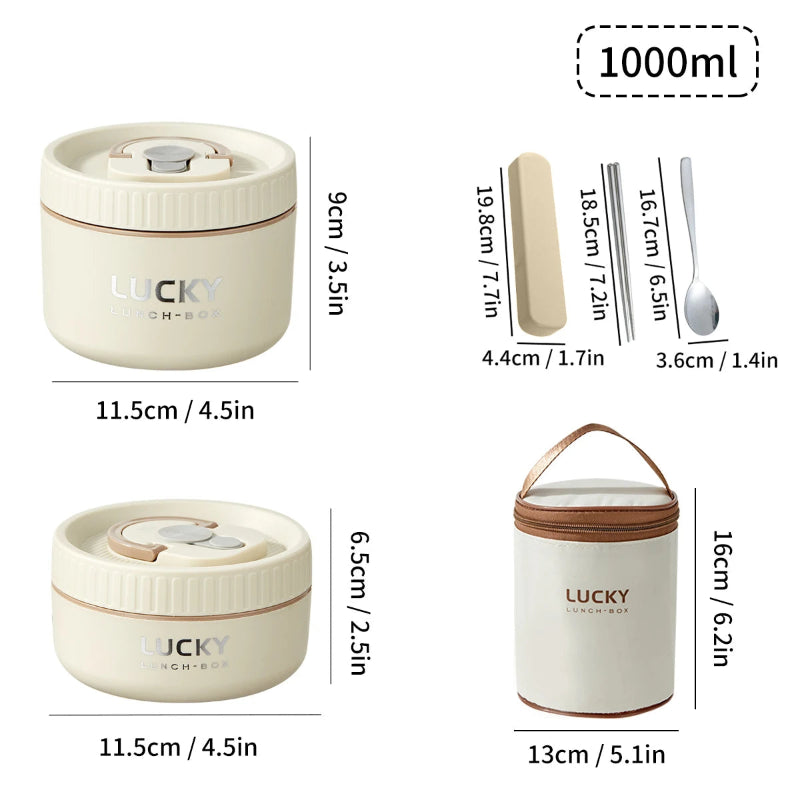 Measurement chart of a beige container with dimensions and additional items like a spoon and lid.