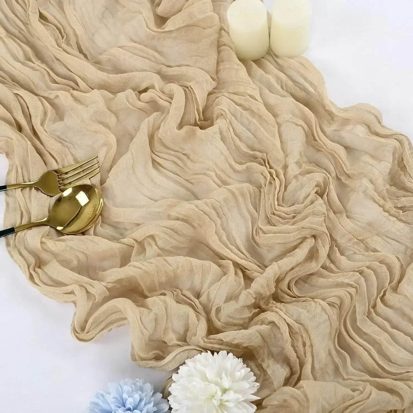 EMESA HOME Gauze Table Runner – 90×300cm Rustic Boho Table Decor for Dining, Wedding, Party, or Decoration Beige