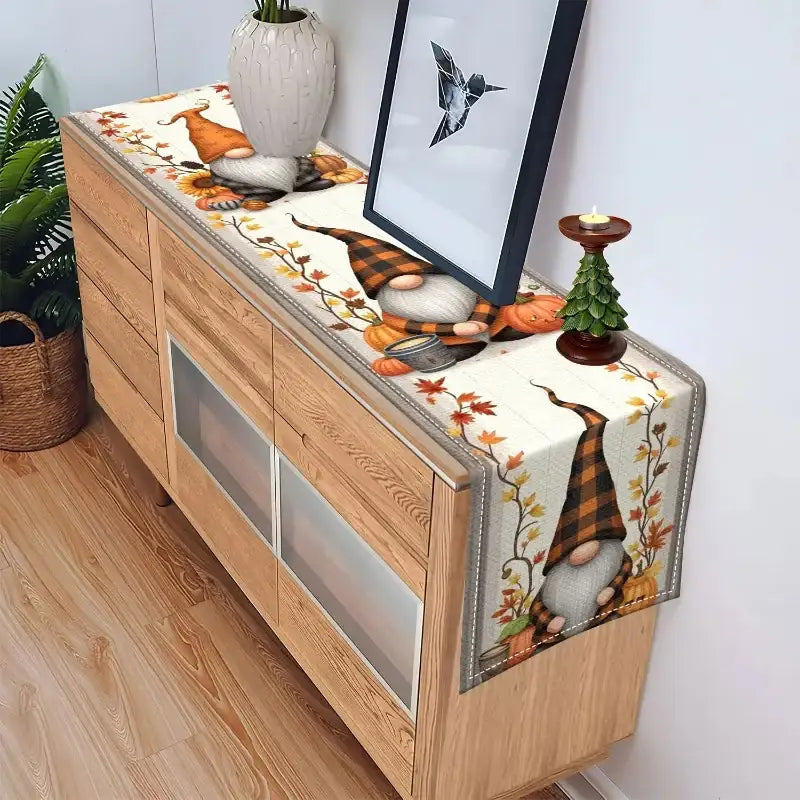 EMESA HOME Autumn Plaid Hat Elves & Pumpkin Decorative Table Runner