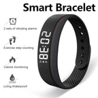 A black smart bracelet with a digital display showing the time 20:38, shown on a white background with feature icons and text including '2026 Smart Bracelet', '2 sets of vibrating alarms', 'Exercise step counting', 'Calorie monitoring', and 'Living Waterproof'.