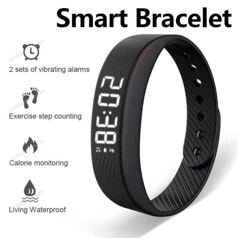 A black smart bracelet with a digital display showing the time 20:38, shown on a white background with feature icons and text including '2026 Smart Bracelet', '2 sets of vibrating alarms', 'Exercise step counting', 'Calorie monitoring', and 'Living Waterproof'.