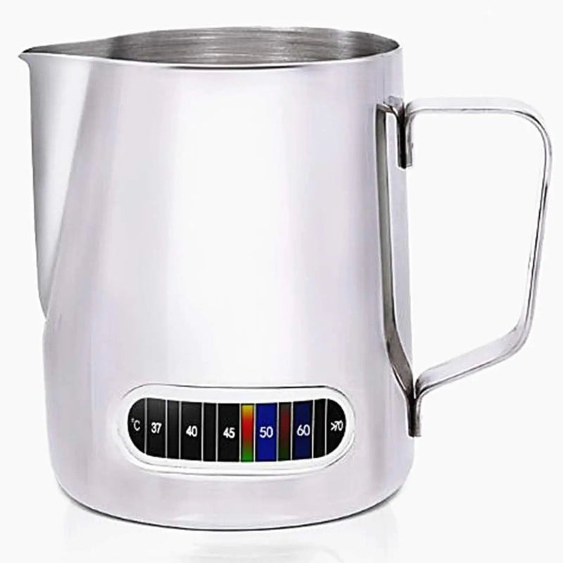 Stainless steel milk pitcher with temperature gauge on a white background
