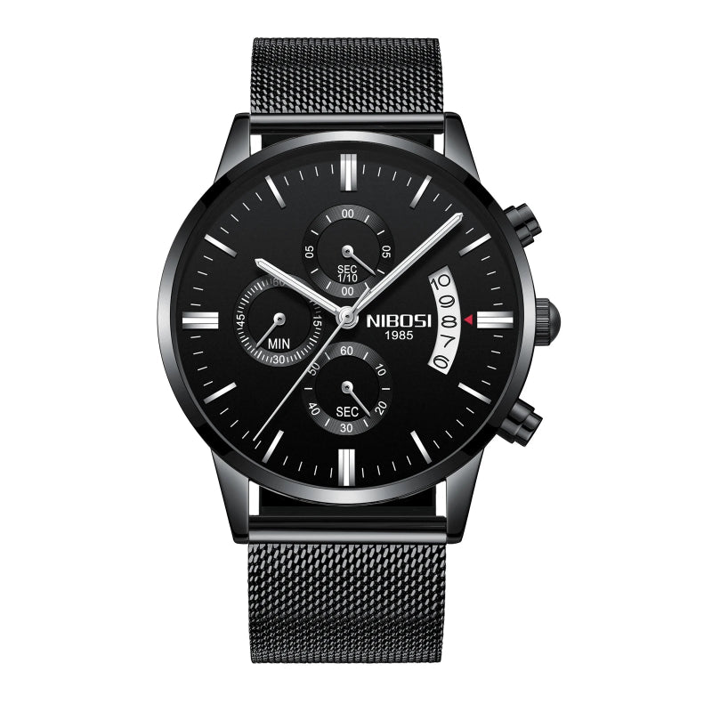 Black wristwatch with detailed face on a white background