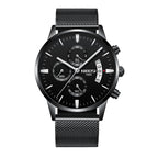 Black wristwatch with detailed face on a white background
