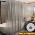 Clear shower curtain with bottom magnets in a bathroom setting