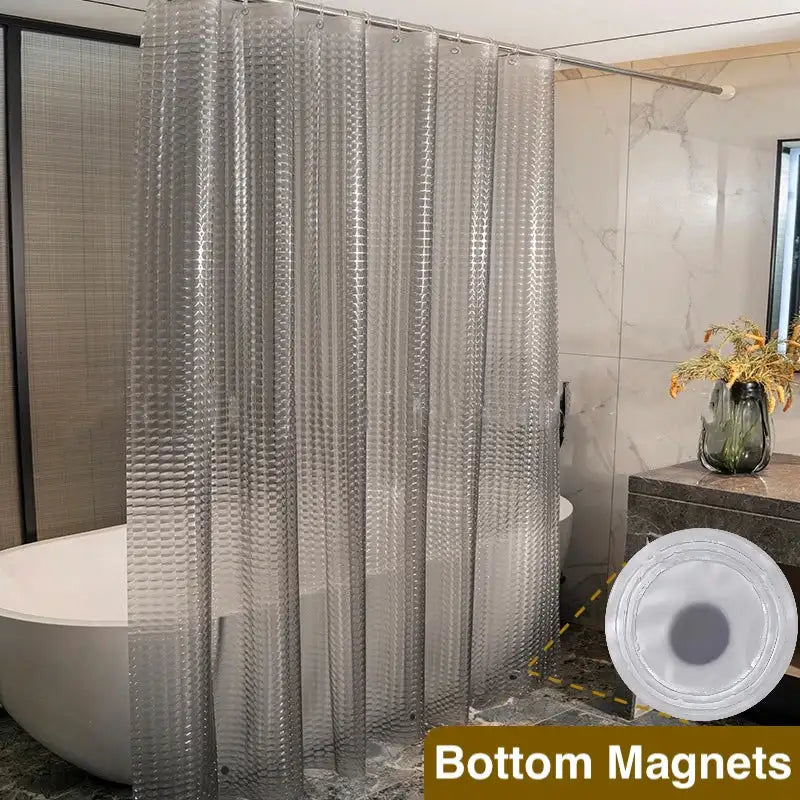 Clear shower curtain with bottom magnets in a bathroom setting