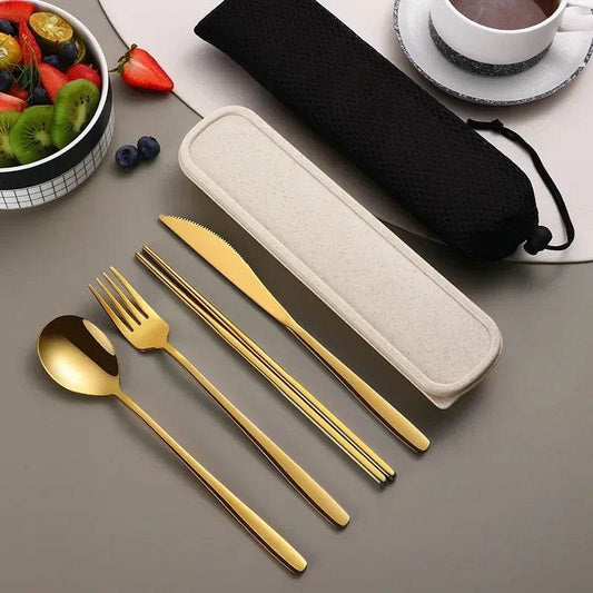 EMESA HOME Portable Stainless Steel Cutlery Set – Knife, Fork, Spoon, Chopsticks with Case, 4-Piece Travel Flatware Gift Set Gold