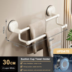 Suction cup towel holder with dimensions and features on a neutral background