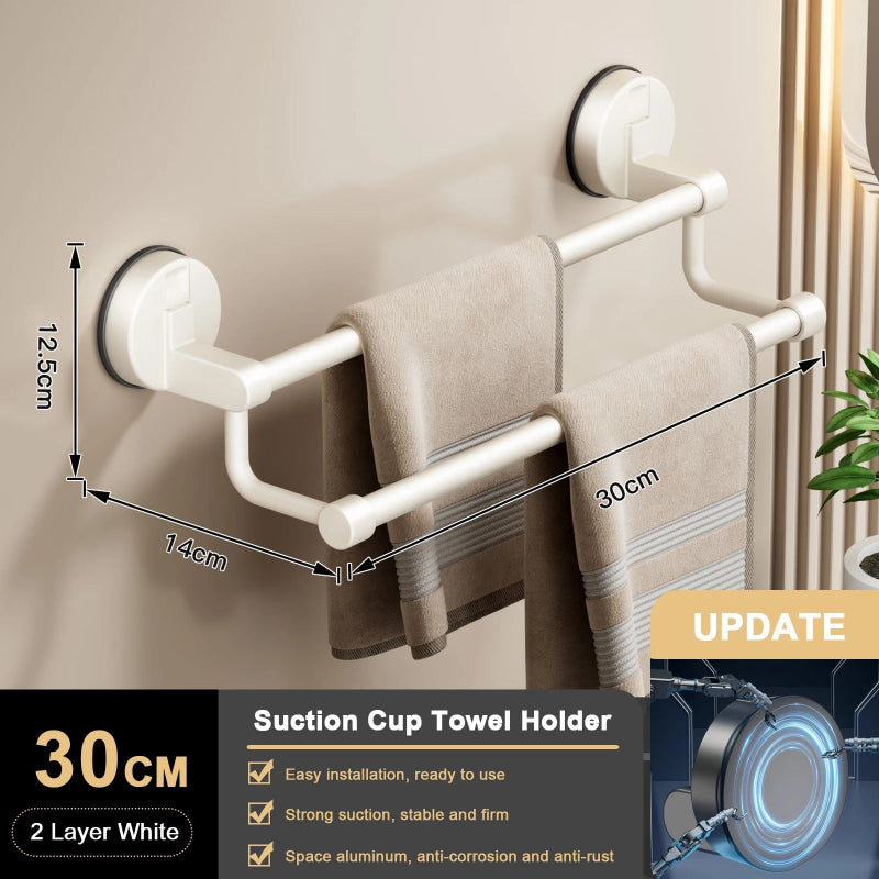 Suction cup towel holder with dimensions and features on a neutral background