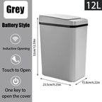 Gray battery-style trash can with dimensions and features on a white background