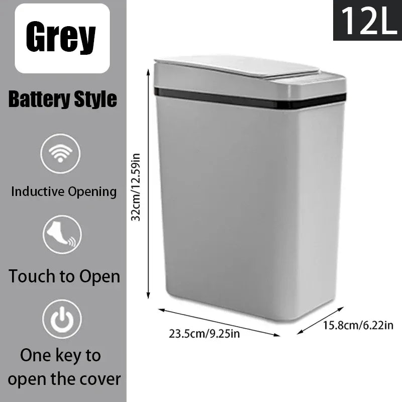 Gray battery-style trash can with dimensions and features on a white background
