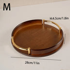 Wooden tray with gold handles and measurements on a white background