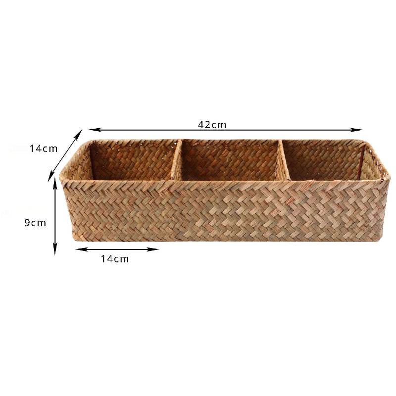 EMESA HOME Hand-Woven Storage Basket with Lid – 3-Grid Rectangular Wardrobe Organizer for Clothes & Sundries No cover