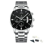 Silver wristwatch with black dial on a white background, featuring the NIBOSI brand.
