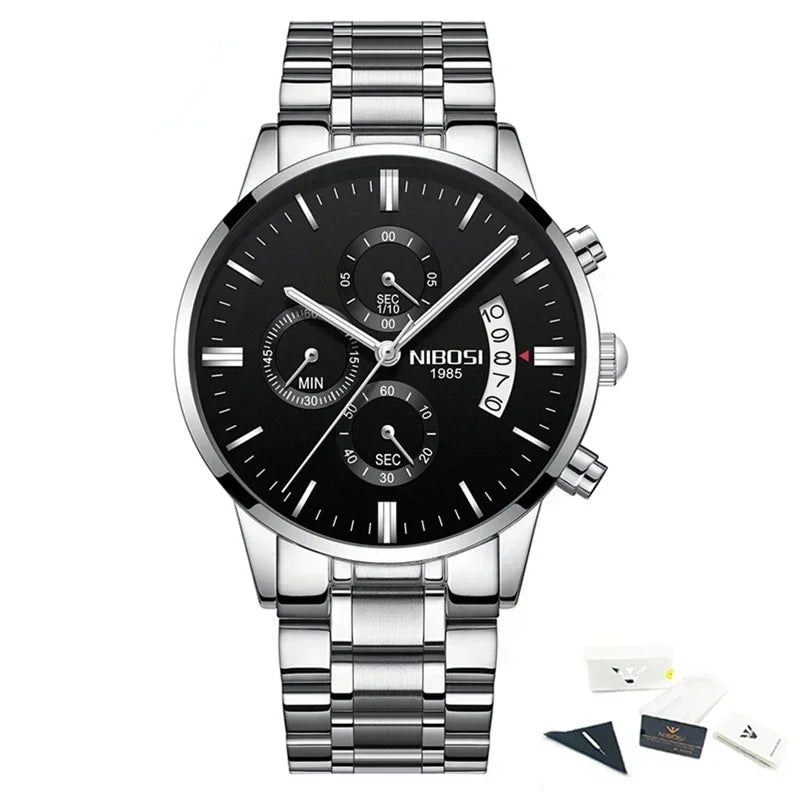 Silver wristwatch with black dial on a white background, featuring the NIBOSI brand.