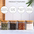 Four glass jars with wooden lids containing different spices on a white surface, with text highlighting product features.