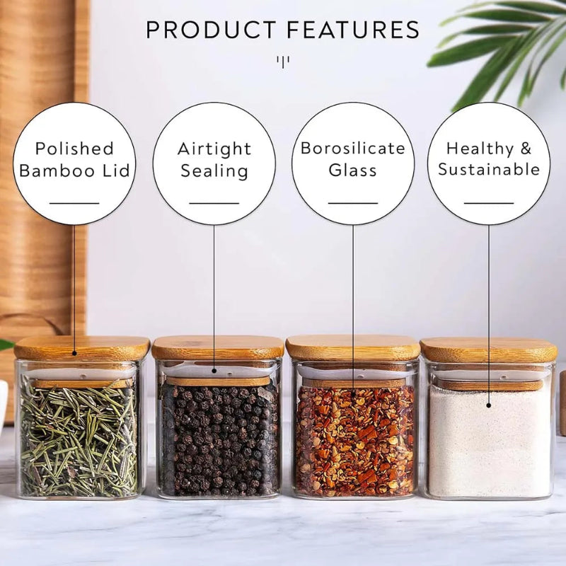 Four glass jars with wooden lids containing different spices on a white surface, with text highlighting product features.