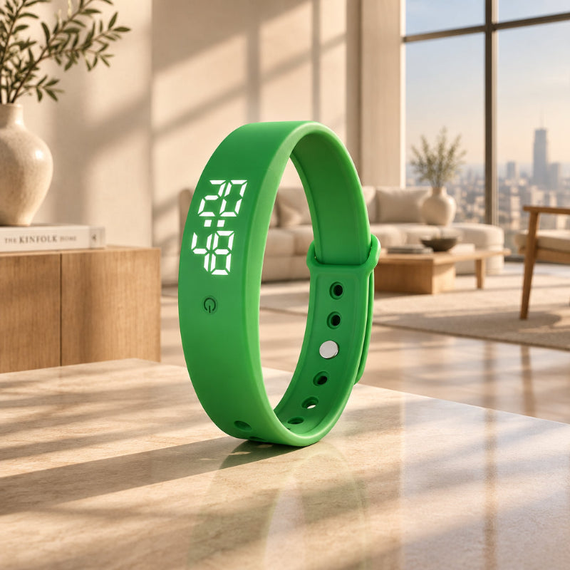 A bright green digital wristband watch with a rectangular LED display showing the time, standing upright on a light-colored wooden table in a modern, sunlit living room.