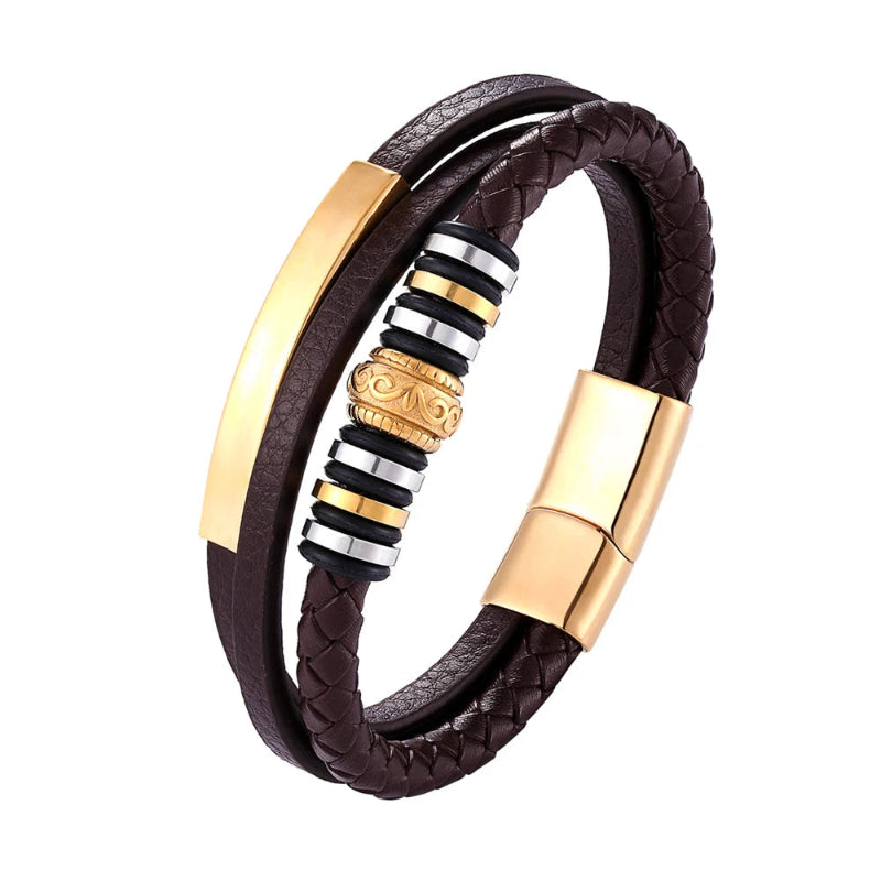 Brown braided leather bracelet with gold and silver accents on a white background