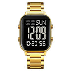 Gold digital watch with black screen on a white background, featuring the Skmei brand.