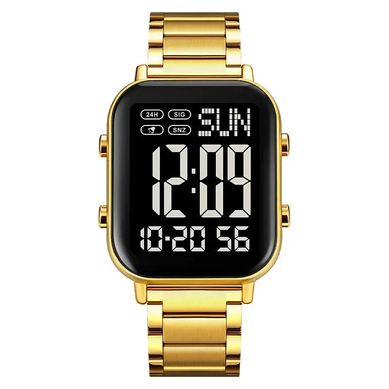 Gold digital watch with black screen on a white background, featuring the Skmei brand.