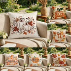 A collage showing four embroidered throw pillows displayed on beige outdoor sofas in a garden setting. The pillows feature autumn-themed designs including pumpkins, leaves, and fall words like 'Welcome' and 'Fall Day is Long.