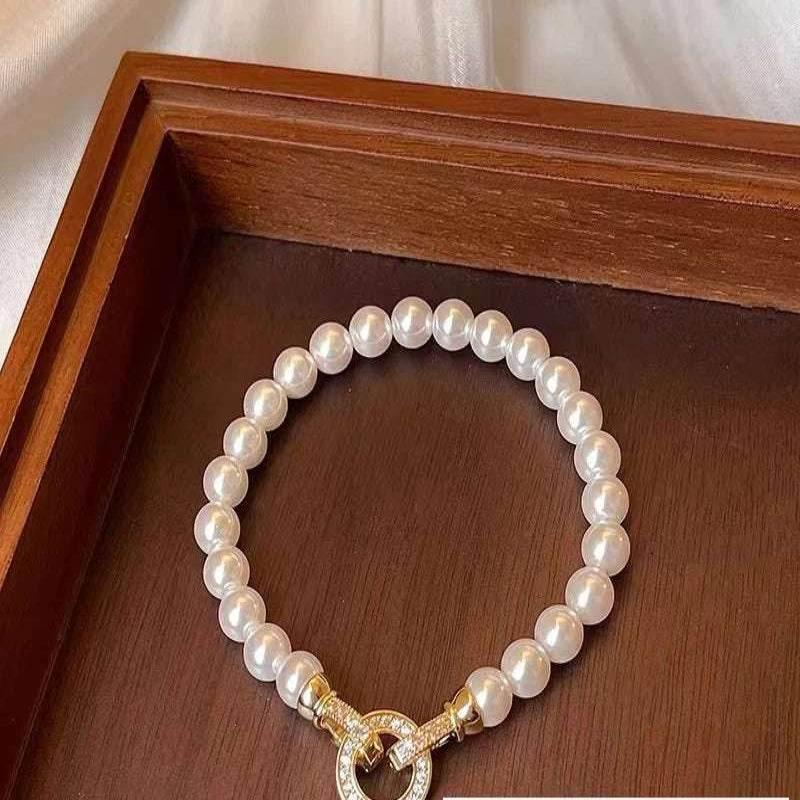 EMESA HOME French Elegant Micro Set Zircon Round Buckle Imitation Pearl Beaded Necklace, Women's Temperament Jewelry Sweet Accessories - EMESA HOME™