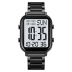 Black digital watch with metal strap on a white background, featuring the Skmei brand.