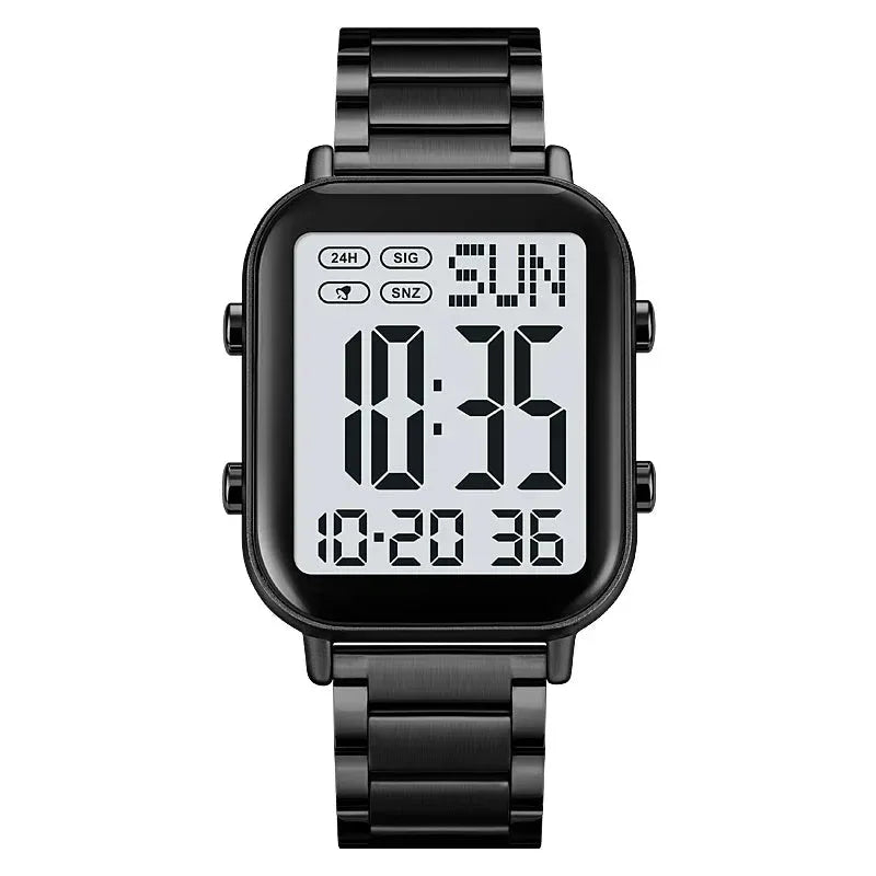 Black digital watch with metal strap on a white background, featuring the Skmei brand.