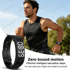 Man running outdoors with a fitness tracker on his wrist, showing text about zero bound motion and effective intelligent calculation steps.
