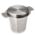 A stainless steel mesh tea infuser with a matching metal lid and side handles, shown on a plain white background.