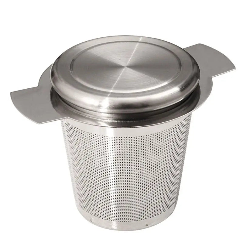 A stainless steel mesh tea infuser with a matching metal lid and side handles, shown on a plain white background.
