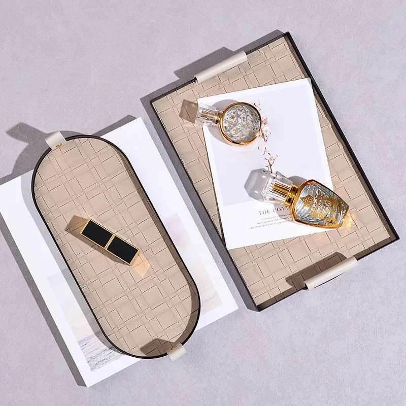 EMESA HOME Woven Leather Storage Tray, Rectangle Metal Organizer for Cosmetics, Desktop, Keys & Home Essentials - EMESA HOME™