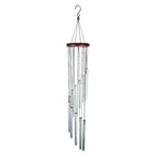 Silver wind chime with wooden top on a white background